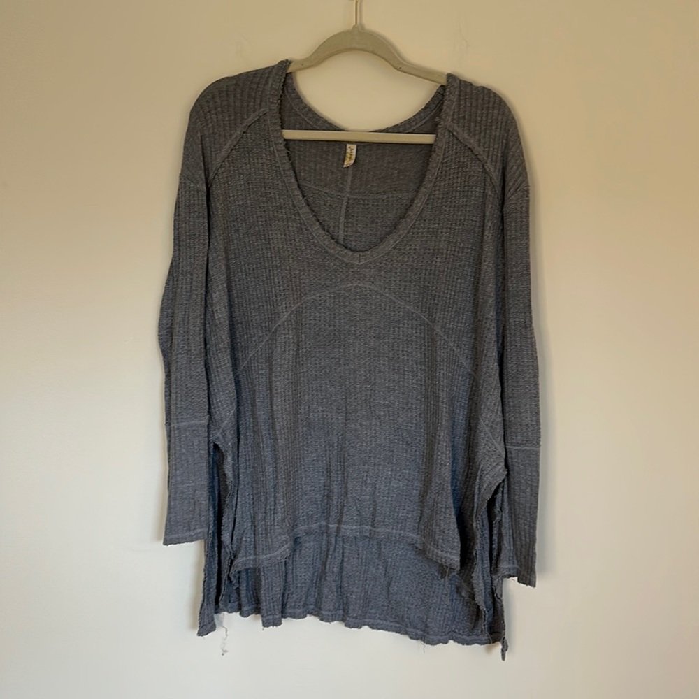Free People Grey Waffle Knit Oversized V Neck Top